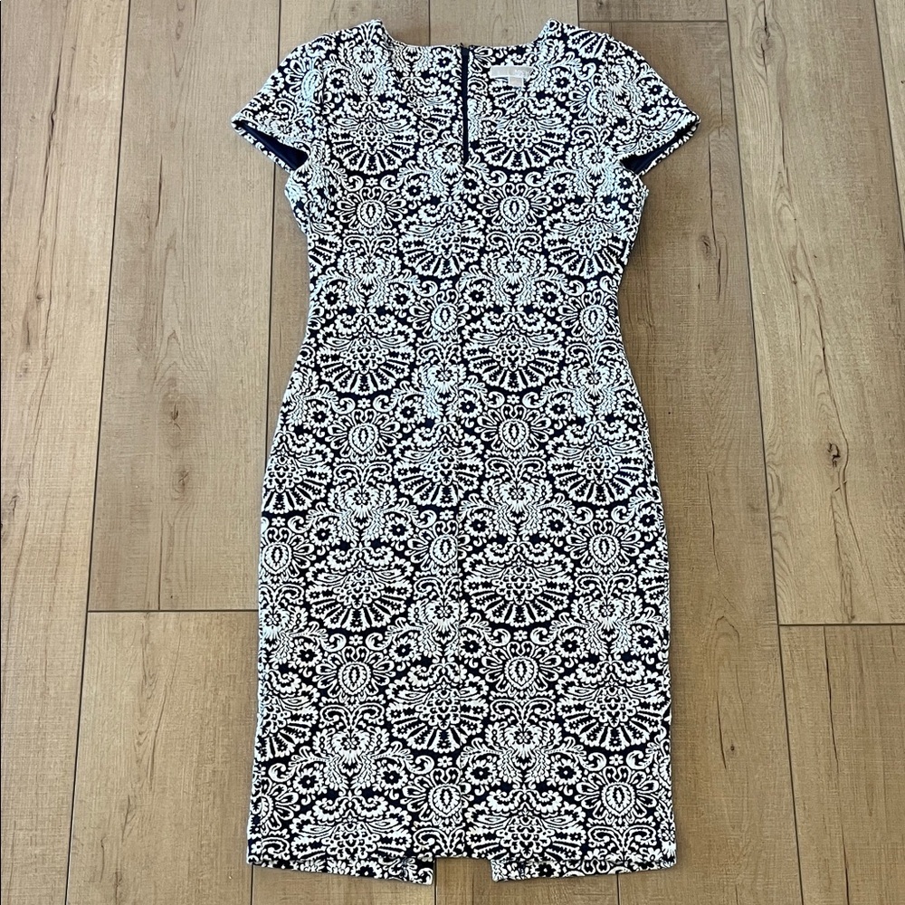Michael Kors Navy and White Patterned Cap-Sleeve Sheath Dress